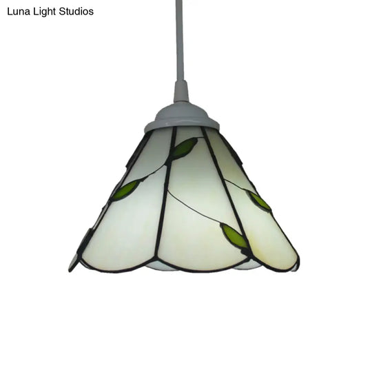 White Glass Cone Hanging Light Kit - Mission 1-Light Pendant Lamp With Bronze Leaf Pattern And