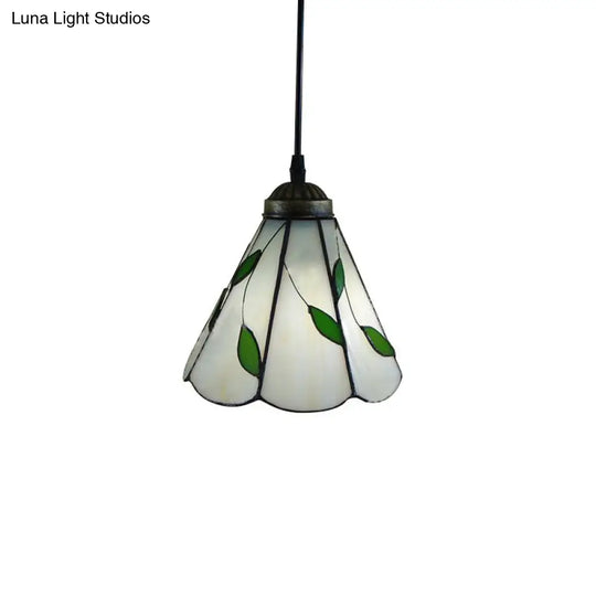 White Glass Cone Hanging Light Kit - Mission 1-Light Pendant Lamp With Bronze Leaf Pattern And