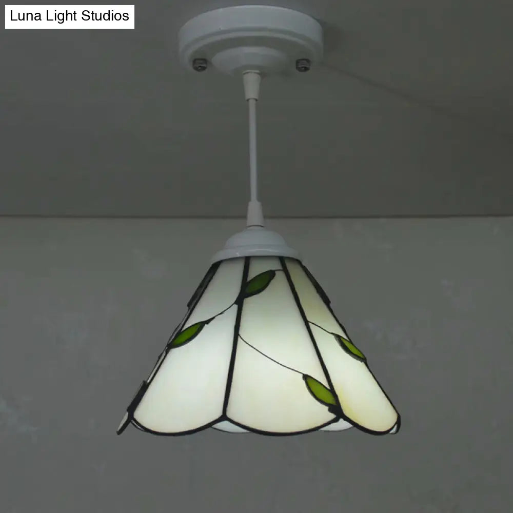 White Glass Cone Hanging Light Kit - Mission 1-Light Pendant Lamp With Bronze Leaf Pattern And