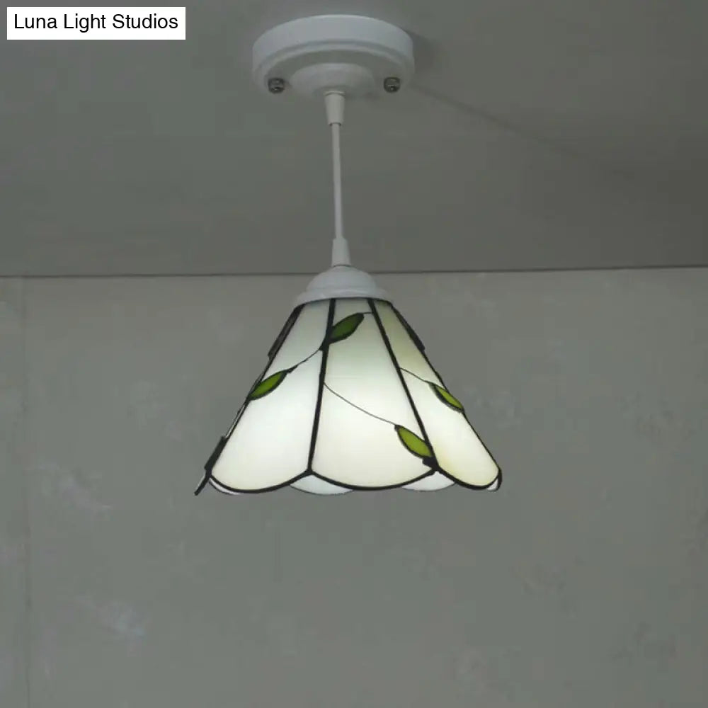 Bronze Leaf Patterned Pendant Lamp: White Glass Cone Hanging Light Kit With Scalloped Trim