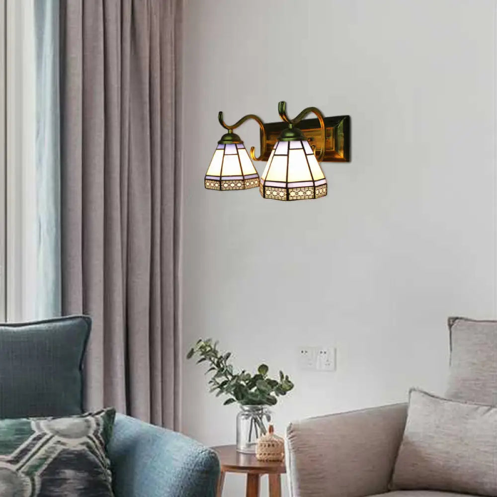 White Glass Conical Wall Sconce With Antique Brass/White Curved Arm - Tiffany 2-Light Lighting For