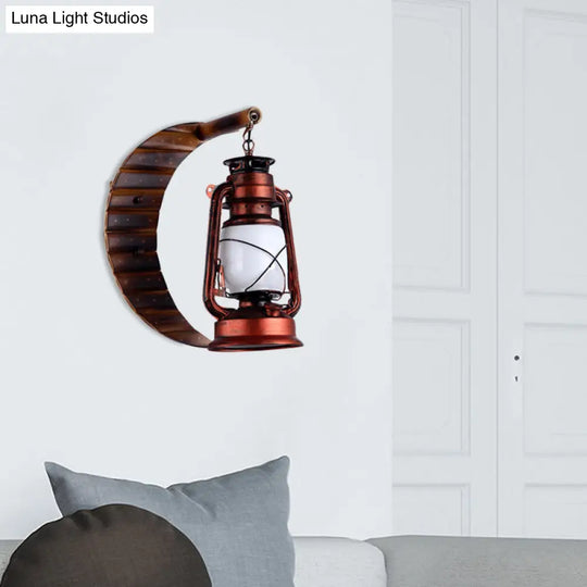 White Glass Copper Sconce Lamp Lantern - Coastal Style Wall Mounted Light With Bamboo Crescent Deco