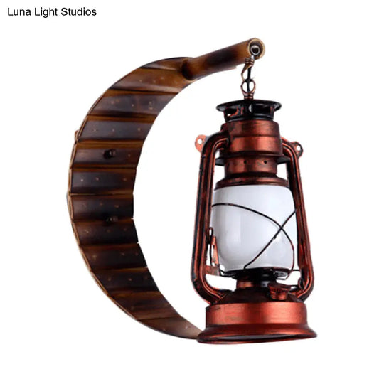 White Glass Copper Sconce Lamp Lantern - Coastal Style Wall Mounted Light With Bamboo Crescent Deco