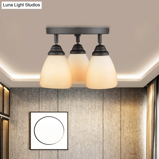 White Glass Countryside Semi Flush Ceiling Light With 3 Lights For Bedroom