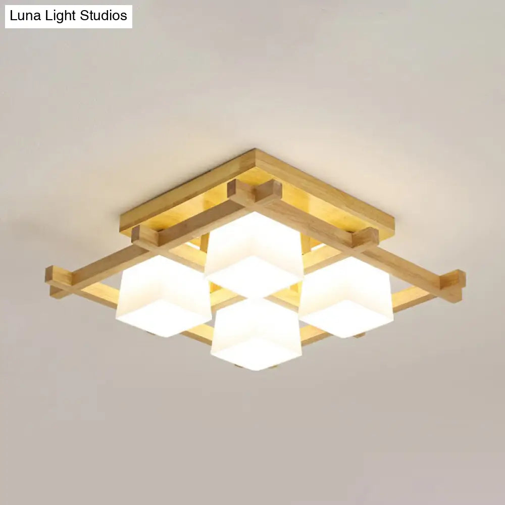 White Glass Cube Ceiling Flush Light - Modern Semi Mount Lighting With Wood Grid