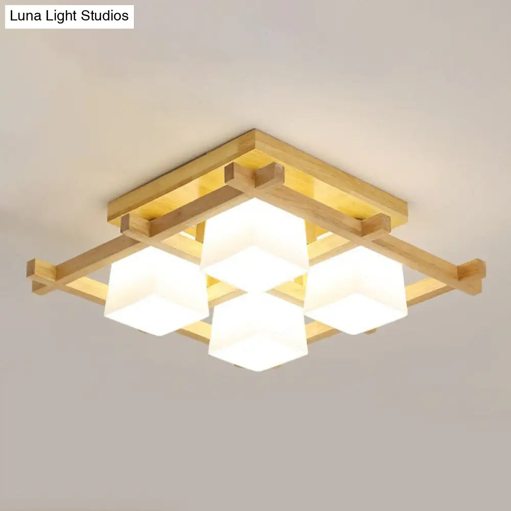 White Glass Cube Ceiling Flush Light - Modern Semi Mount Lighting With Wood Grid 4 /