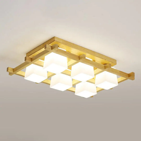 White Glass Cube Ceiling Flush Light - Modern Semi Mount Lighting With Wood Grid 6 /