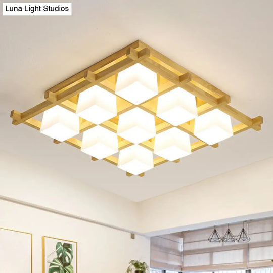 White Glass Cube Ceiling Flush Light - Modern Semi Mount Lighting With Wood Grid 9 /