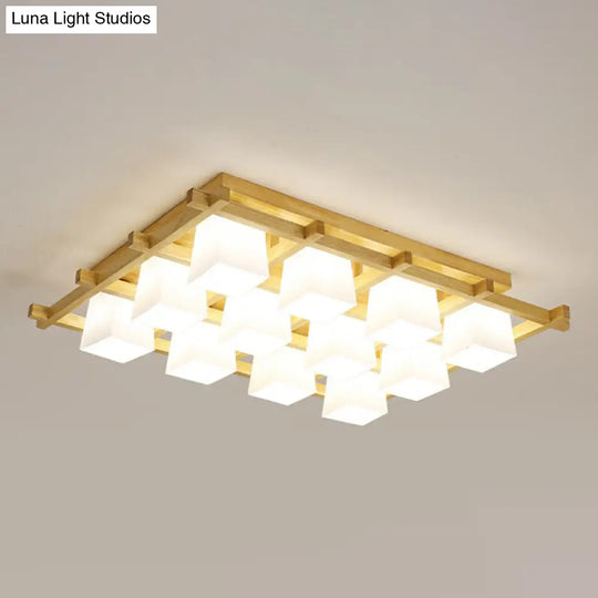 White Glass Cube Ceiling Flush Light - Modern Semi Mount Lighting With Wood Grid 12 /