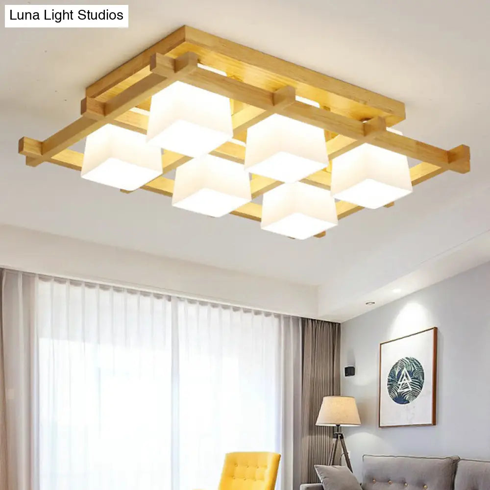 White Glass Cube Ceiling Flush Light - Modern Semi Mount Lighting With Wood Grid
