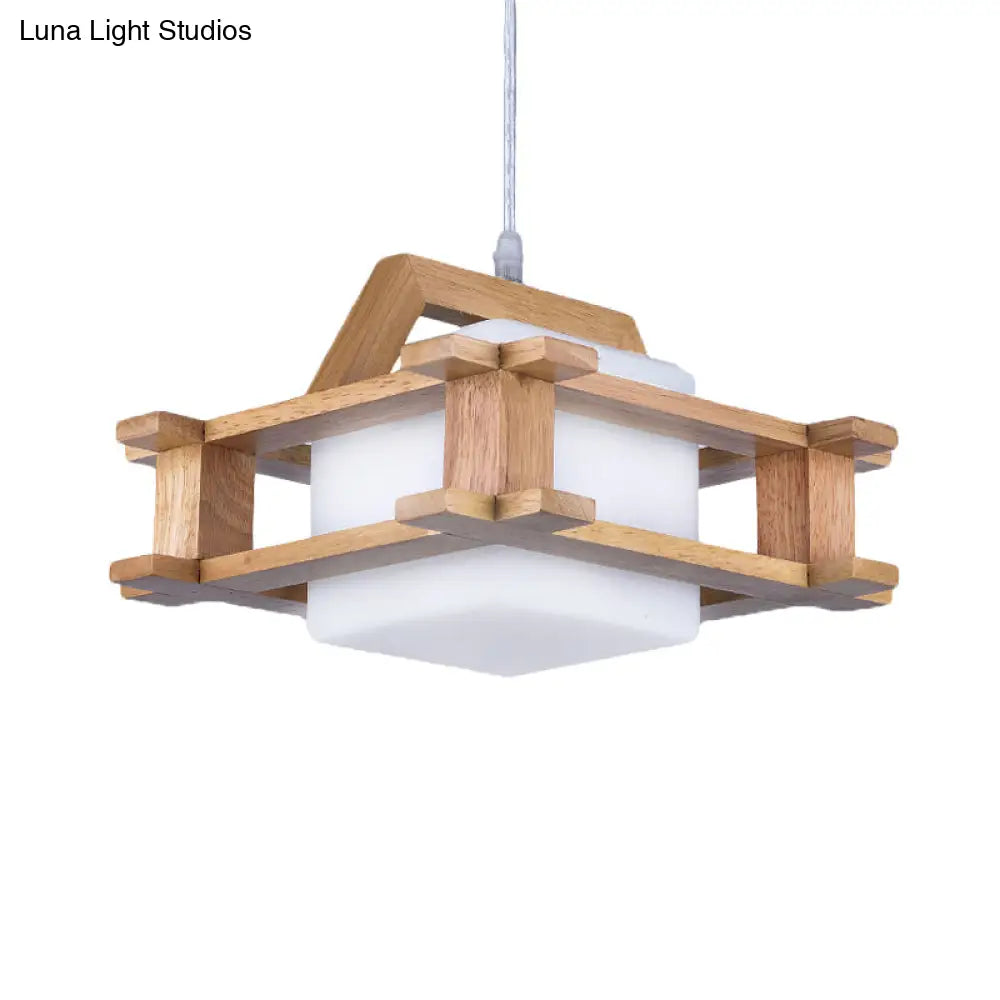 White Glass Cube Pendant Light: Asian Style 1-Bulb Suspension Lamp With Wooden Frame