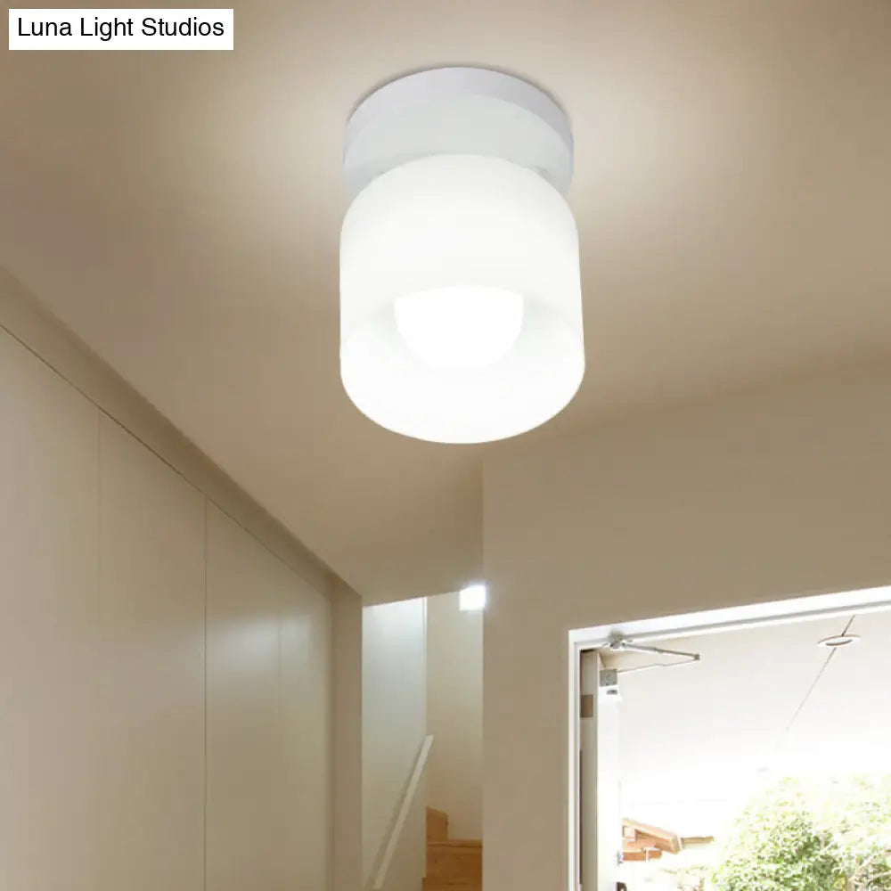 White Glass Cylinder Flush Ceiling Light With Simple Design And 1 Bulb