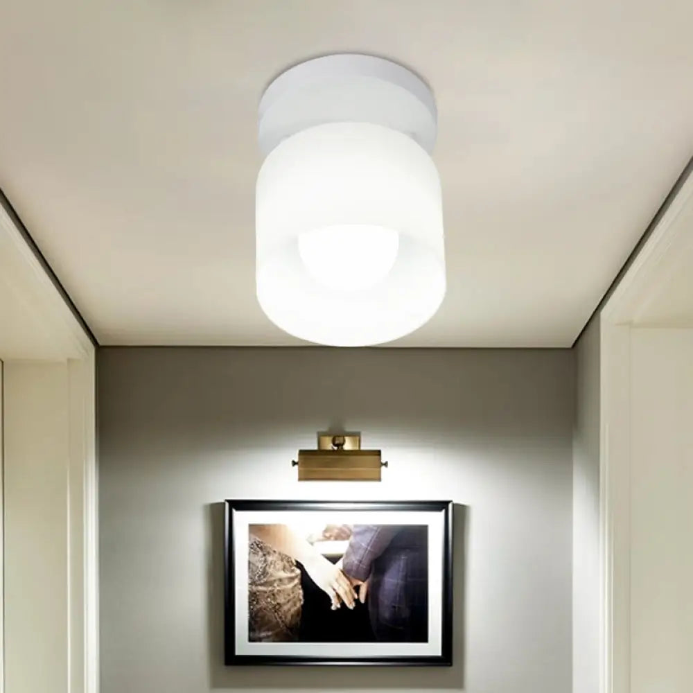 White Glass Cylinder Flush Ceiling Light With Simple Design And 1 Bulb