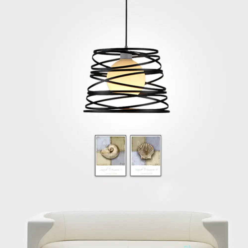 White Glass Domed Suspension Light - Loft Style Pendant With Black Wire Guard