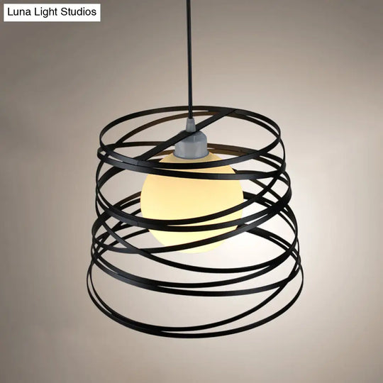 White Glass Domed Suspension Light - Loft Style Pendant With Black Wire Guard