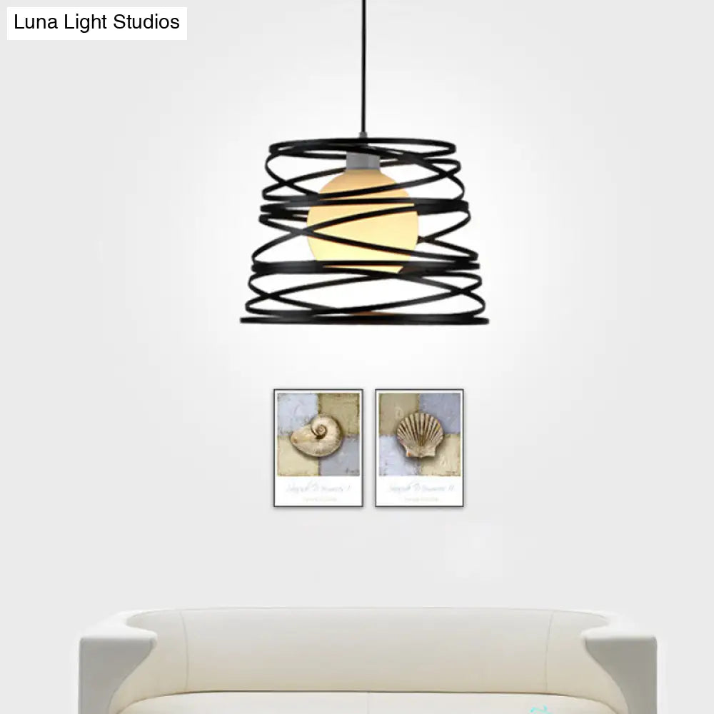 White Glass Domed Suspension Light - Loft Style Single Pendant With Black Wire Guard