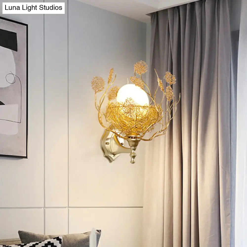 White Glass Egg Shaped Wall Lamp - Bedroom Sconce Light With Gold Aluminum Wire Nest