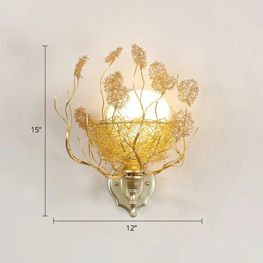 White Glass Egg Shaped Wall Lamp - Bedroom Sconce Light With Gold Aluminum Wire Nest / Third Gear