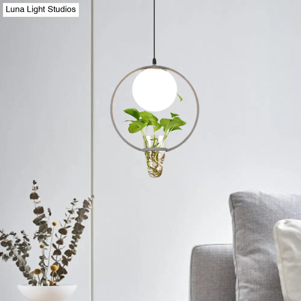 1-Head Factory Sphere Hanging Pendant Ceiling Light In Black/Grey/Gold With White Glass Round/Oval
