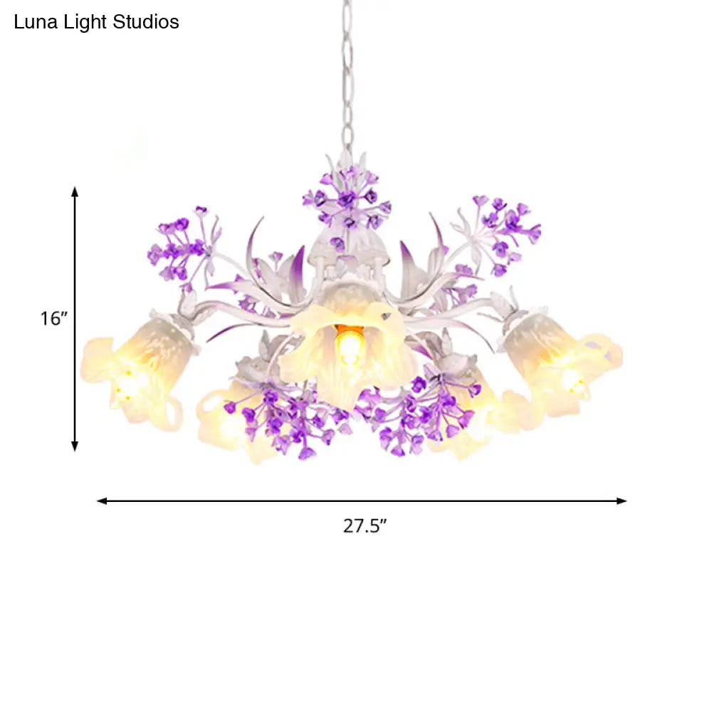 White Glass Floral Chandelier - Elegant Hanging Pendant Light Fixture For Living Room 3/5/7 Led