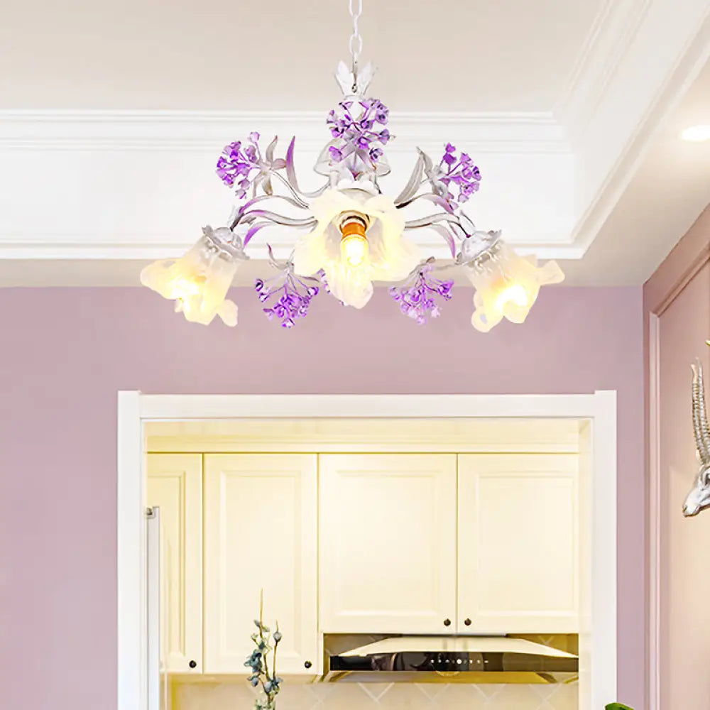 White Glass Floral Chandelier - Elegant Hanging Pendant Light Fixture For Living Room 3/5/7 Led