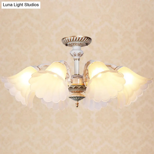 White Glass Floral Semi Flush Ceiling Mount Chandelier With Scalloped Edge - Traditional Bedroom