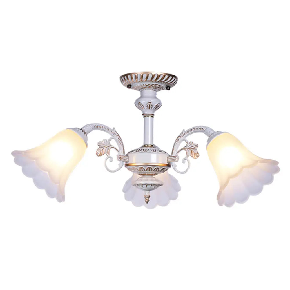 White Glass Floral Semi Flush Ceiling Chandelier With Scalloped Edge - Traditional Bedroom Mount 3 /
