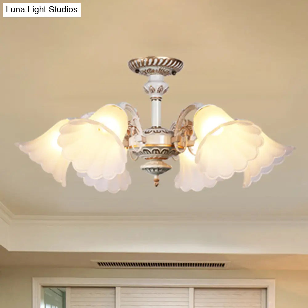 White Glass Floral Semi Flush Ceiling Mount Chandelier With Scalloped Edge - Traditional Bedroom