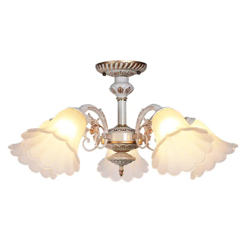 White Glass Floral Semi Flush Ceiling Chandelier With Scalloped Edge - Traditional Bedroom Mount 5 /