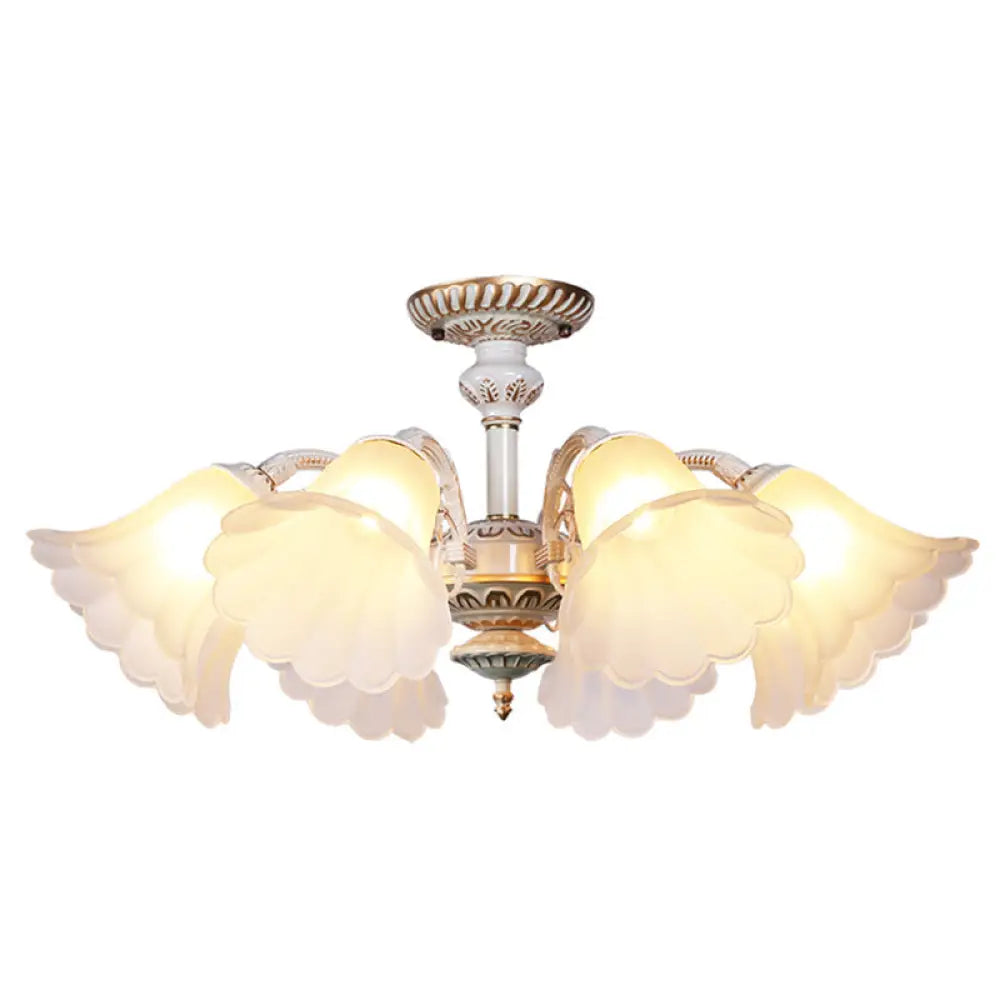 White Glass Floral Semi Flush Ceiling Chandelier With Scalloped Edge - Traditional Bedroom Mount 6 /