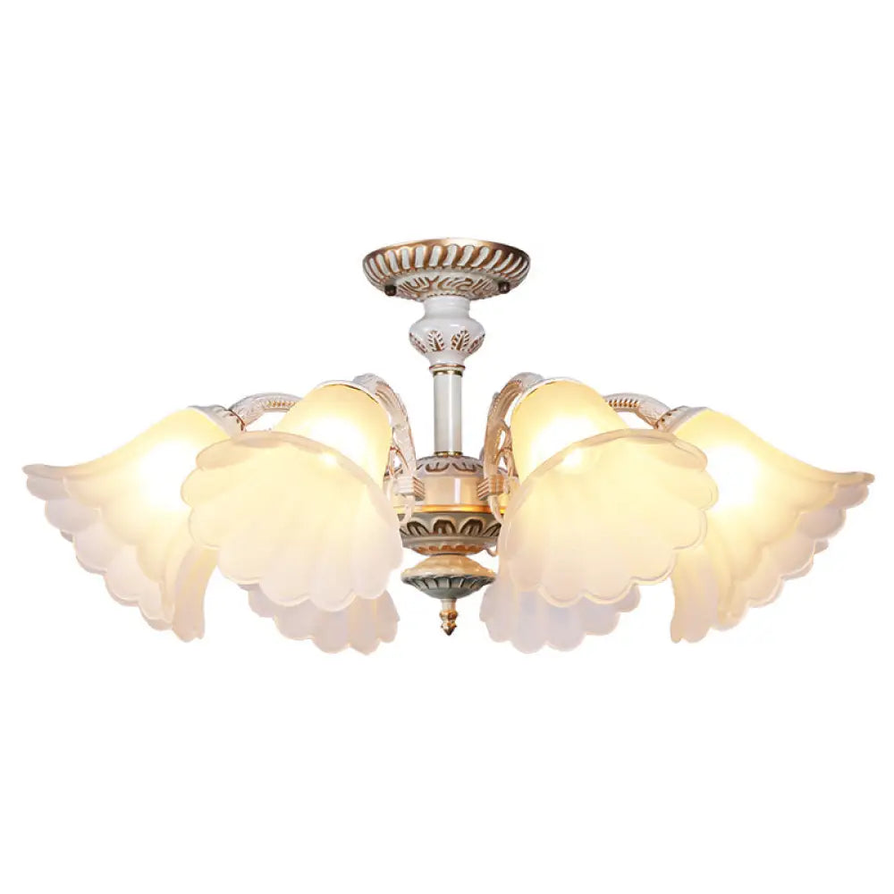 White Glass Floral Semi Flush Ceiling Chandelier With Scalloped Edge - Traditional Bedroom Mount 8 /