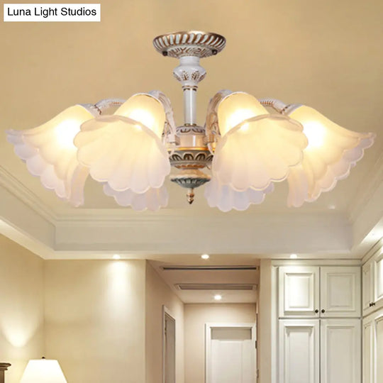 White Glass Floral Semi Flush Ceiling Chandelier With Scalloped Edge - Traditional Bedroom Mount