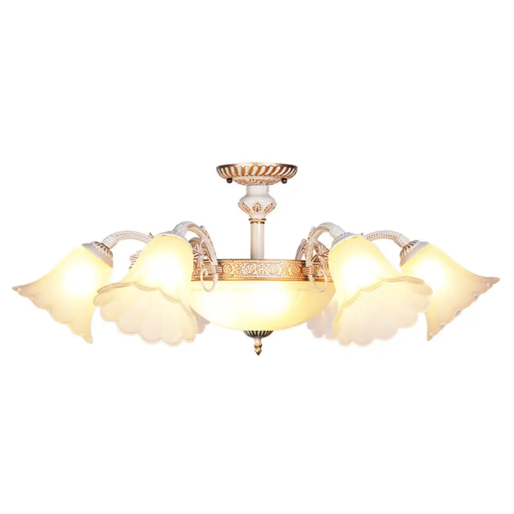 White Glass Floral Semi Flush Ceiling Chandelier With Scalloped Edge - Traditional Bedroom Mount 9 /