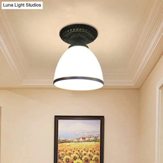 White Glass Flush Light With Traditional Black Cone For Corridor Ceiling