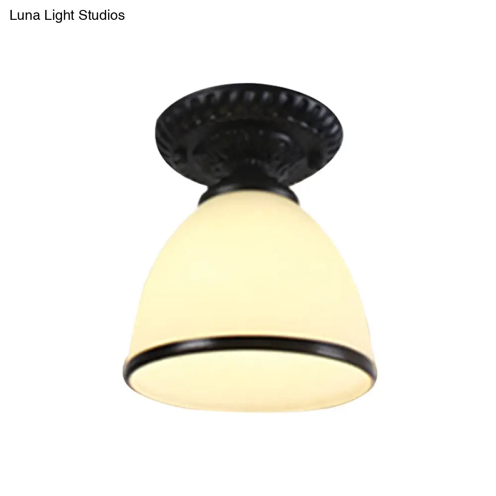 White Glass Flush Light With Traditional Black Cone For Corridor Ceiling