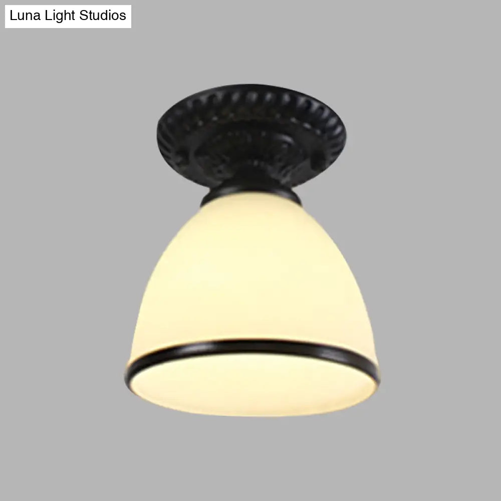White Glass Flush Light With Traditional Black Cone For Corridor Ceiling