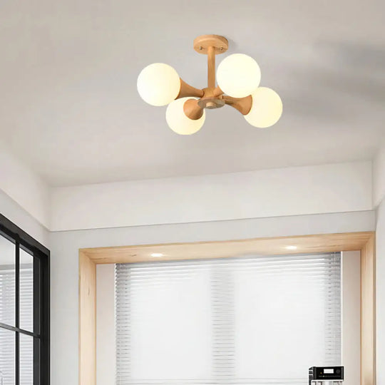 White Glass Flush Mount Chandelier With Nordic Style Ball Wood Canopy - Perfect For Bedrooms 4 /