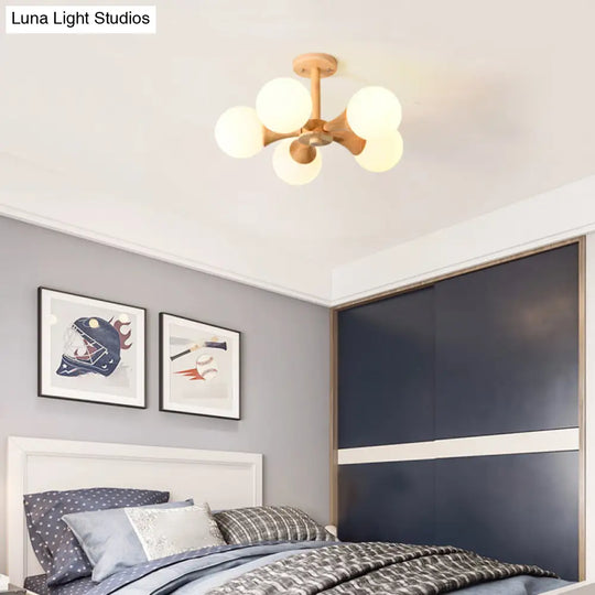 White Glass Flush Mount Chandelier With Nordic Style Ball Wood Canopy - Perfect For Bedrooms