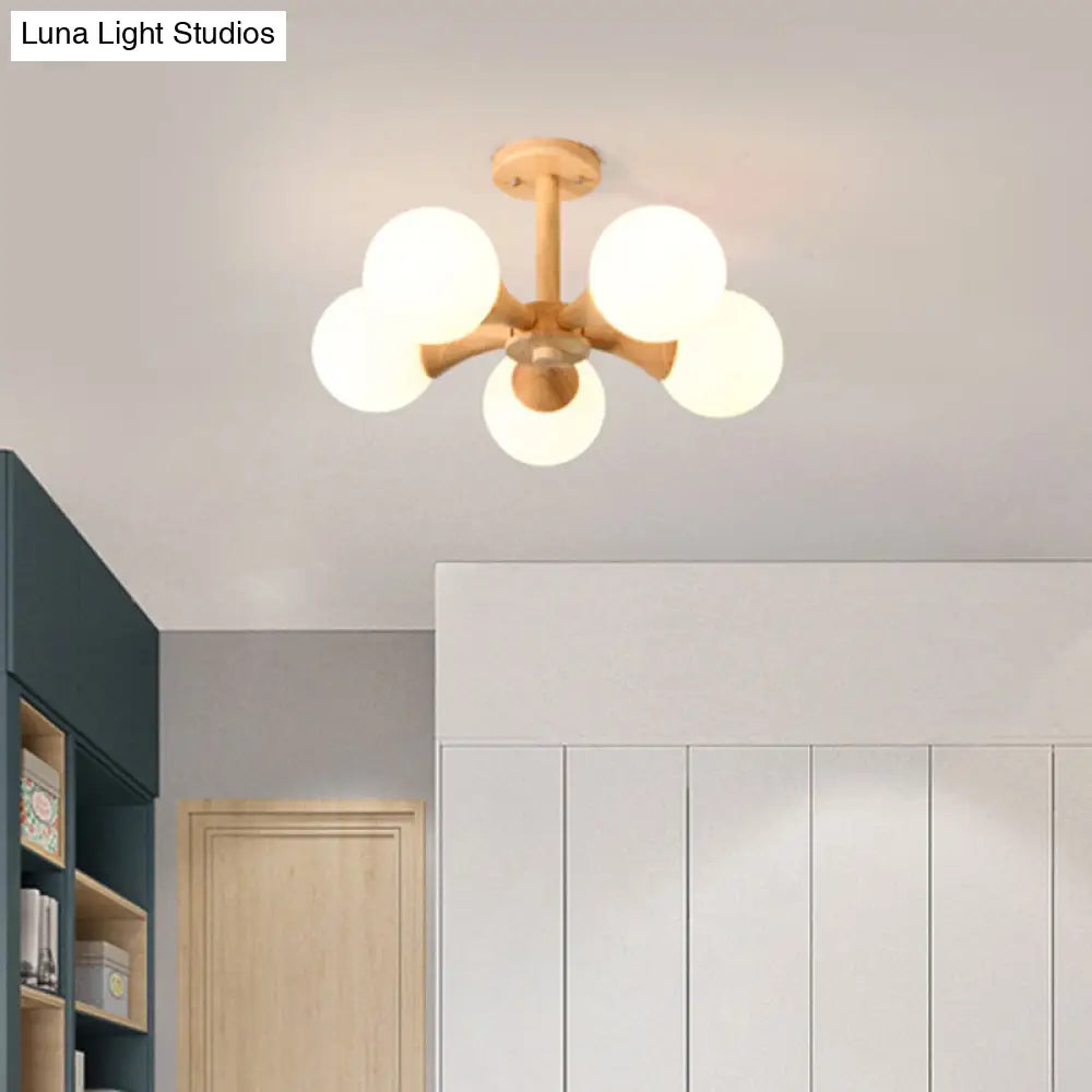 Nordic Style White Glass Bedroom Flush Mount Ceiling Chandelier With Wood Canopy 5 /