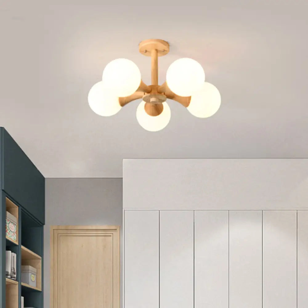 White Glass Flush Mount Chandelier With Nordic Style Ball Wood Canopy - Perfect For Bedrooms 5 /