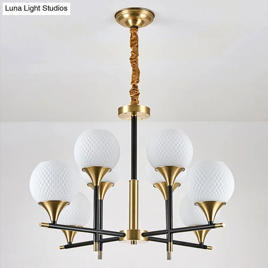 White Glass Global Chandelier With 8 Bulbs: Contemporary Bedroom Lamp Vertical Design