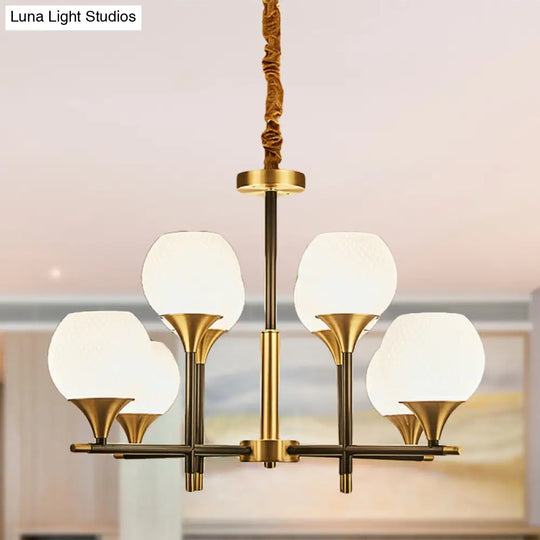 White Glass Global Chandelier With 8 Bulbs: Contemporary Bedroom Lamp Vertical Design