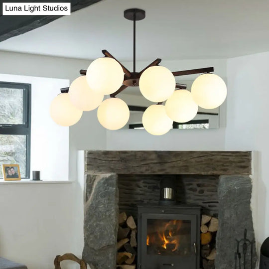 White Glass Globe Chandelier - Traditional Pendant Light With Sunburst Design In Black