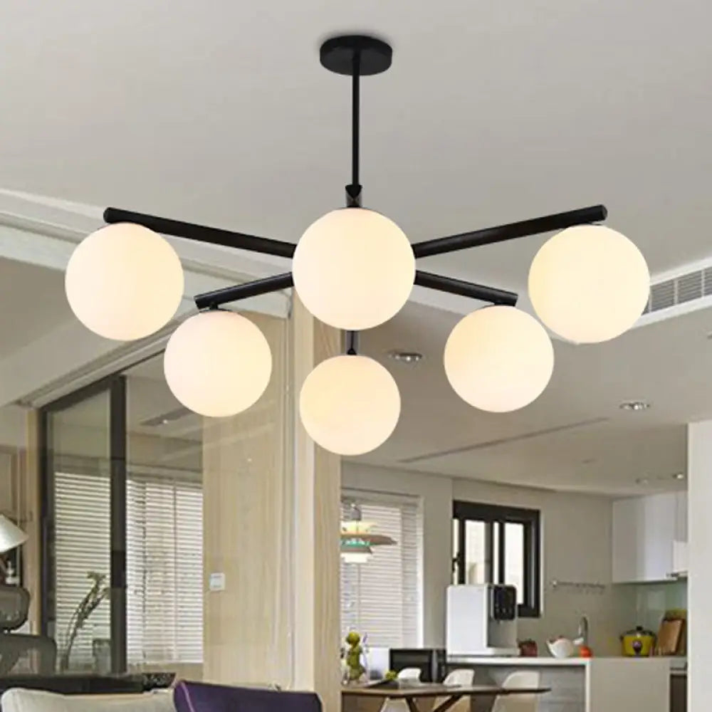 White Glass Globe Chandelier - Traditional Pendant Light With Sunburst Design In Black 6 /