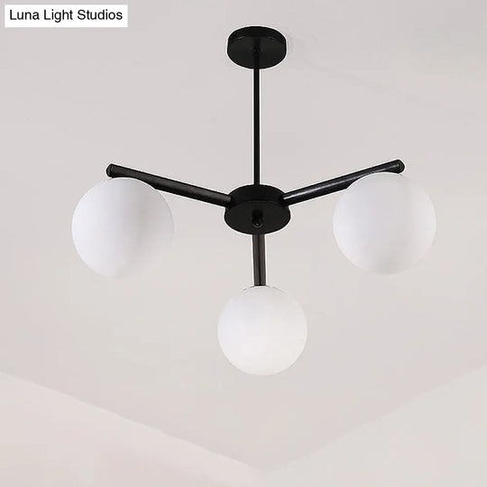 White Glass Globe Chandelier - Traditional Pendant Light With Sunburst Design In Black