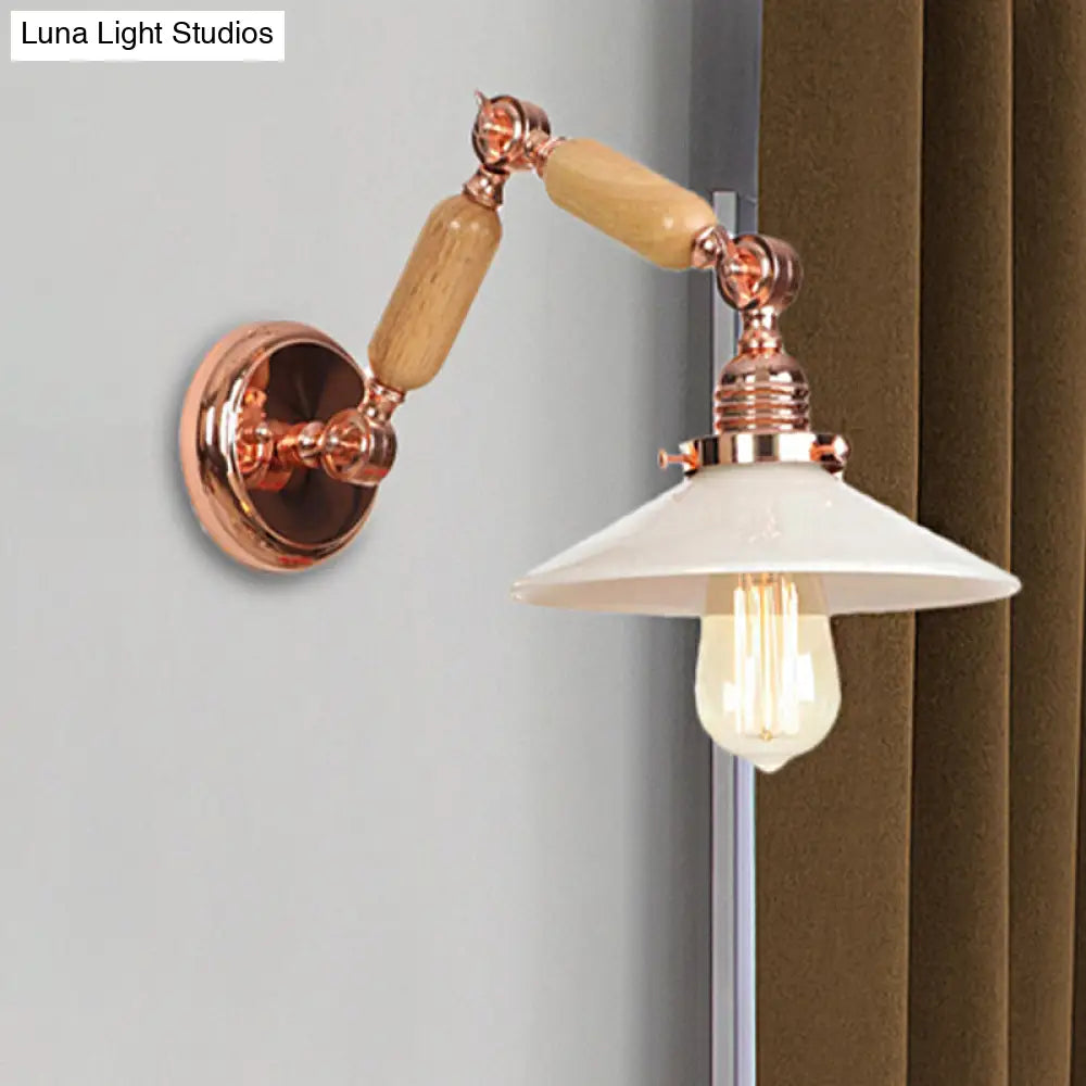 White Glass Industrial Wall Sconce With Extendable Arm - 1 Light Living Room Lighting Fixture