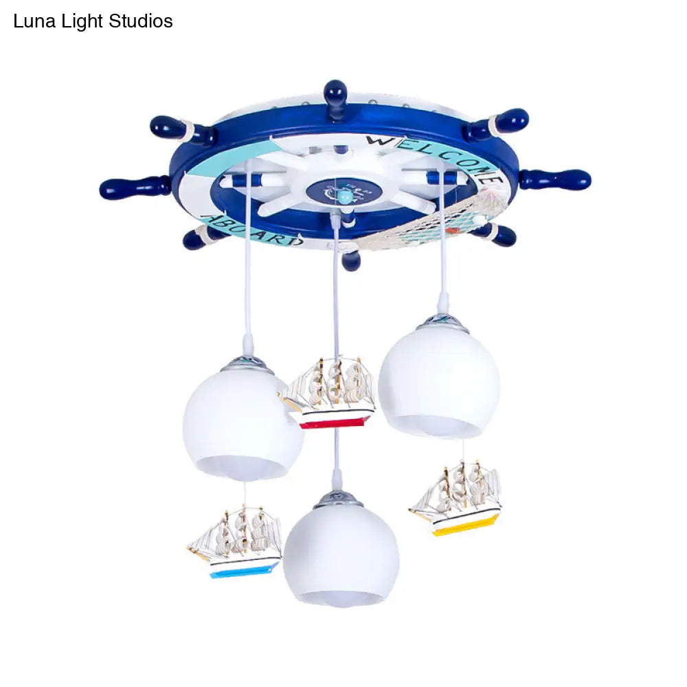 White Glass Kids Hanging Lamp With 3 Heads Pendant Lighting In Blue - Rudder Shaped Canopy