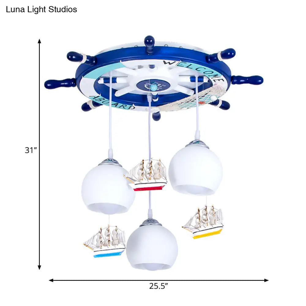 White Glass Kids Hanging Lamp With 3 Heads Pendant Lighting In Blue - Rudder Shaped Canopy