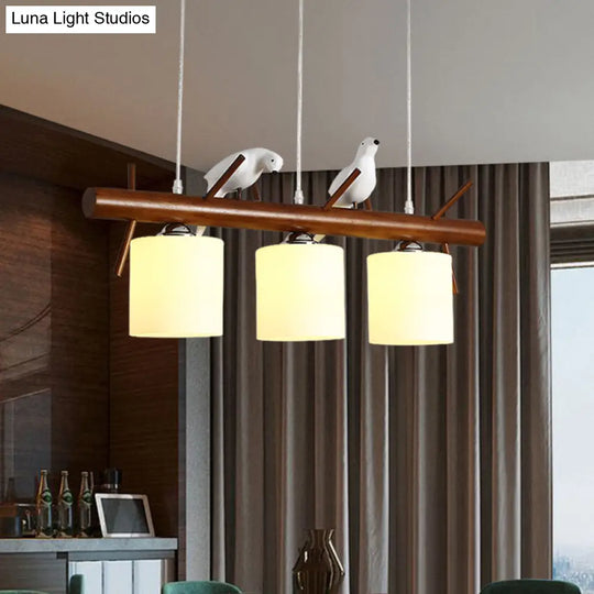 White Glass Led Pendant Light With Resin Bird - Cylinder Restaurant Island Hanging Fixture