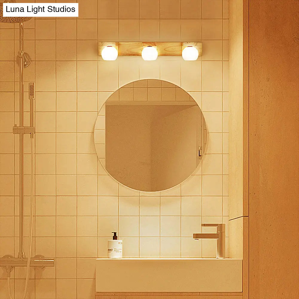 White Glass Led Vanity Light With Wooden Backplate - Simplicity Globe Wall Sconce For Bathroom